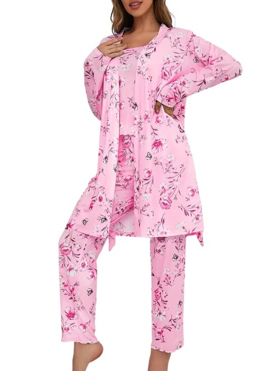 Other - Women's 3-Piece Pajama Set Floral Print Robe Camisole and Long Pants Pink